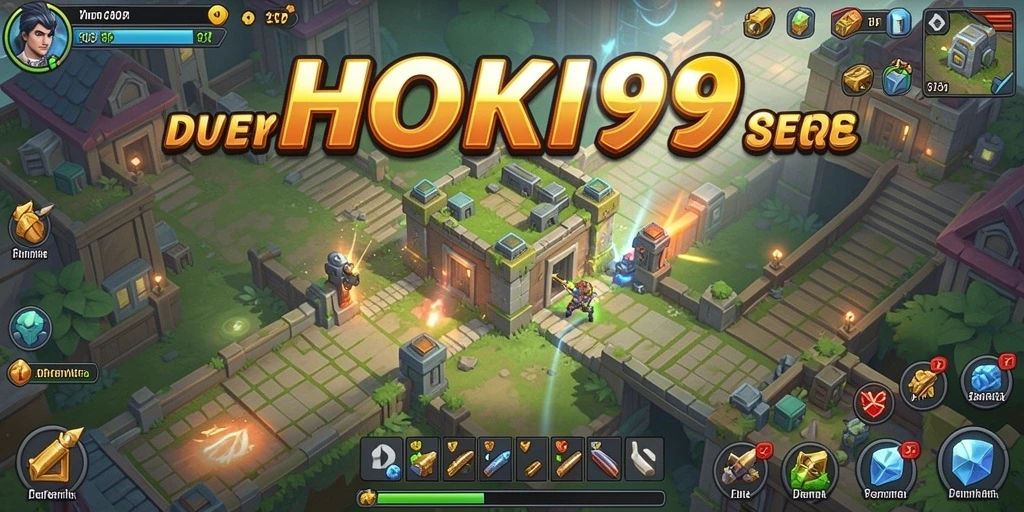 Screenshot HOKI99 menampilkan aksi menara menghancurkan musuh di medan perang.