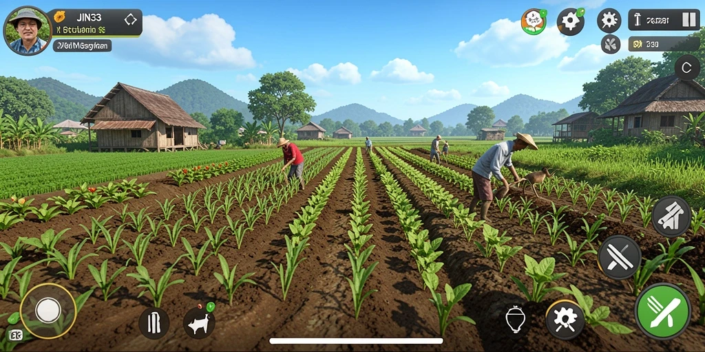 Screenshot gameplay JIN33 dengan tampilan lahan pertanian yang indah.