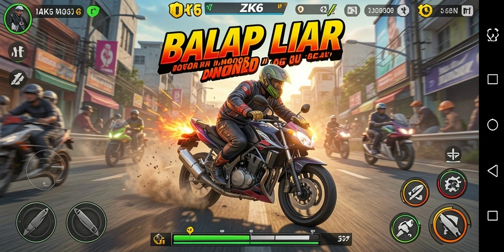 Screenshot utama ZK6 menampilkan aksi balapan motor yang mendebarkan.