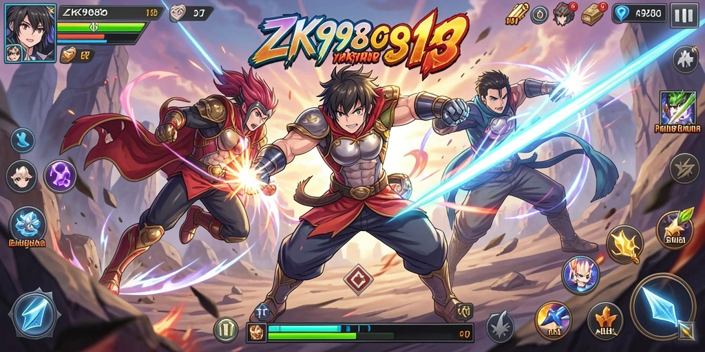 Screenshot gameplay ZK988 menampilkan aksi pertarungan karakter anime.
